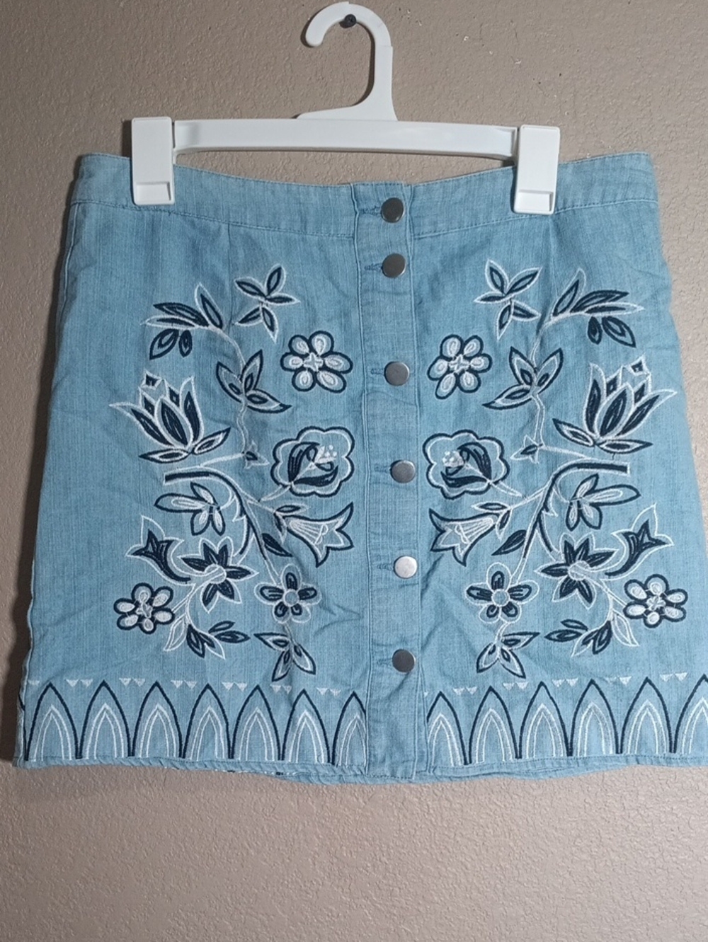 Blu Pepper Light Blue Embroidered Button-Front Mini Skirt